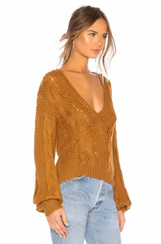 Super šiks rudens ziemas sieviešu džemperis džemperis cietā džemperi ar garām piedurknēm, v veida kakla augstās modes blogeri top trikotāžas džemperi