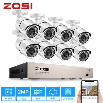 ZOSI 1080p PoE Mājas Drošības Kameru Sistēmas,8CH 5MP H. 265+ PoE VRR Diktofonu un (8) 1080p Uzraudzības Bullet PoE Tīkla Kameras
