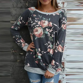 Sieviešu Ikdienas Ziedu Līmēšana Raibs O-Veida Kakla T-Krekls, Pulovers Modes Krekls Pilnu Piedurknēm Topi Pavasara Apģērbu Bezmaksas Piegāde
