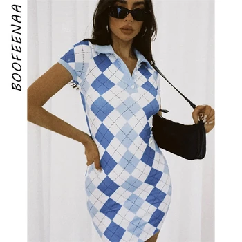 BOOFEENAA Zilā Pleds ar Īsām Piedurknēm Bodycon Kleita Vasaras Drēbes Sievietēm Ir 2021. Argyle Y2k Vintage Sexy Mini Kleitas, C82-CC21