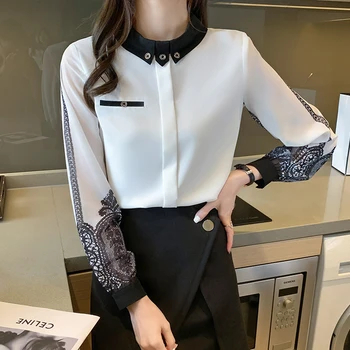 Vintage Iespiesti korejas blūze Elegants Sieviešu garām piedurknēm Šifona kreklu Ikdienas apģērbu izšūšanas Sieviešu topi Blusa