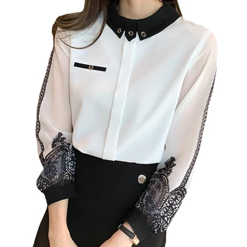Vintage Iespiesti korejas blūze Elegants Sieviešu garām piedurknēm Šifona kreklu Ikdienas apģērbu izšūšanas Sieviešu topi Blusa