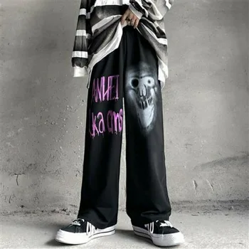 HOUZHOU Hip Hop Plaša Kāju Bikses Rudens 2020. Gadam, Modes Grafiti Drukāt Bikses ar Augstu Vidukli Harajuku Streetwear Gadījuma Bikses Sievietēm