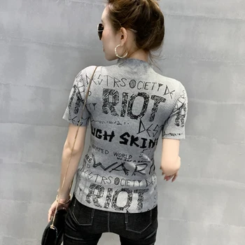 Vasaras Korejiešu Stilā Vēstuli, T Krekli, Sieviešu Topi Modes Grafiti Augstu Uzrullētu Apkakli Īsām Piedurknēm Adīt Krekls Mujer Camisetas Tees T07712