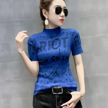 Vasaras Korejiešu Stilā Vēstuli, T Krekli, Sieviešu Topi Modes Grafiti Augstu Uzrullētu Apkakli Īsām Piedurknēm Adīt Krekls Mujer Camisetas Tees T07712