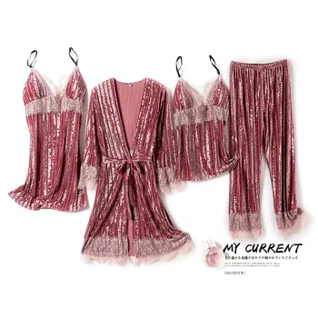 JŪLIJS DZIESMA Sieviete Tumšā 4 Gabali Pidžamas Komplekts Modes Rudens Ziemas Sleepwear Svītru Elegants, Silts Sexy Mežģīņu Linga Sieviešu Pidžamas