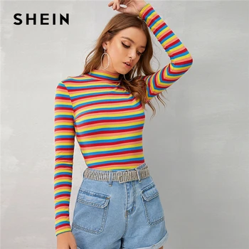 SHEIN Multicolor Stand Apkakli Svītrainām Salātu Adīt Gadījuma T-Krekls Sievietēm, Topi, 2019. Gada Rudenī ar garām Piedurknēm Formā, kas Aprīkoti Stretchy Tees
