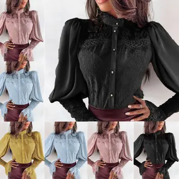 Šifona Blūzes Sieviešu 2019 Rudens Modes Garām Piedurknēm Pogu Uz Leju Krekls Biroja Blūze Slim Atloks Ikdienas Topi, Sieviešu Plus Izmēra