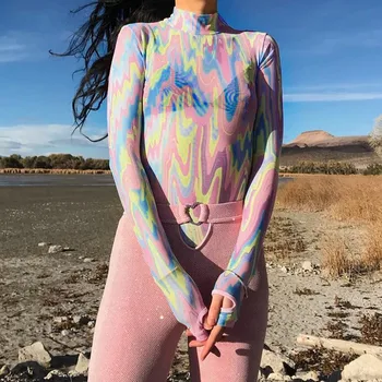 Modes Jaunu Dizainu, Krāsains Acu Bodysuit Sexy Caurspīdīgs Romper Garām Piedurknēm Jumpsuits Sievietēm, Kas Augstu Uzrullētu Apkakli Iestāde (Dungriņi)