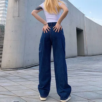 Sieviešu džinsi ar Augstu Jostas Bikses Zilā Kabatas Streetwear Vintage Rāvējslēdzēju, Pogu, Plašu Kāju Taisni Džinsi Sieviešu Modes 2020