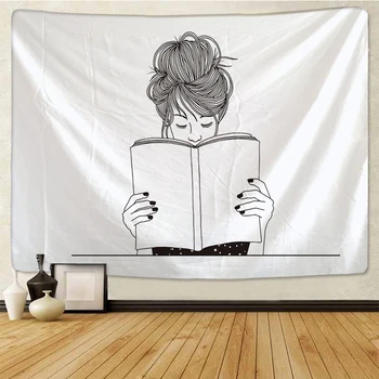 Minimālisma Mākslas Gobelēns Meitenes Lasa Grāmatas Anotācija Skiču Mākslas Melns Balts Zīmējums Sienu Tapsējuma Studentu Kopmītnes Gobelēns