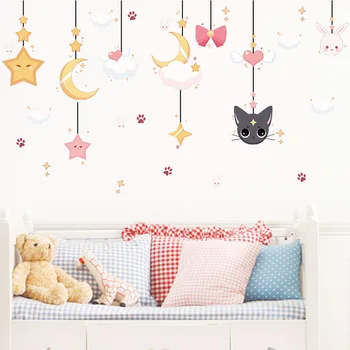 Karikatūra Moon Star Kaķu Mājas Dekori Bērnu Istabā Jauki Mākonis Trušu Sienas Uzlīmes Modes Sienas Uzlīmes PVC Vinila Mākslas Dizains