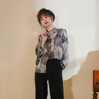 LANMREM ir 2021. korejas modes krekli, sieviešu tintes glezna ar garām piedurknēm topi vintage blūze par famale rudens drēbes pogu YK110