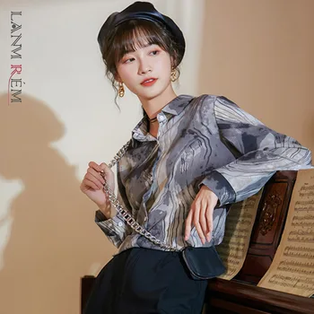 LANMREM ir 2021. korejas modes krekli, sieviešu tintes glezna ar garām piedurknēm topi vintage blūze par famale rudens drēbes pogu YK110
