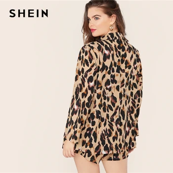 SHEIN Plus Lieluma Leopards Drukāt Robs Apkakle Žakete un Bikses, Siksnas 2 Gabals, kas Sieviešu Rudens Gadījuma Krāšņi Divas Gabals, kas