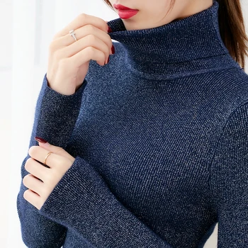 Spīdīga Lurex Gadījuma Pamata Augstu Uzrullētu Apkakli Džemperis Sievietēm Cietā Garām Piedurknēm Adīts Puloveri 2020 Rudens Ziemas Slim Fit Džemperis
