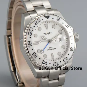 Cietā Bliger 43mm white dial keramikas bezel GMT funkcija, gaismas zīmes, sudraba krāsā gadījumā automātiskā kustības vīriešu rokas pulkstenis B26