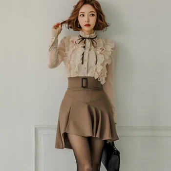 Jauna Eleganta Sievietēm komplekti korejas modes Ruffles OLA Šifona kreklu+ + Augsta Vidukļa svārki, Sievišķīgi Kostīmi