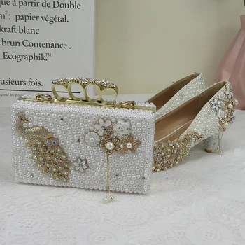 BaoYaFang White pearl Sieviešu kāzu kurpes ar atbilstošas somas līgava augstpapēžu kurpes platformas kurpes Pāvs Dāmas Paty kurpes un soma