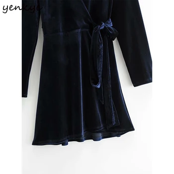 YENKYE Vintage tīrtoņa Krāsas Samta Kleita Sievietēm Krusta V Kakla garām Piedurknēm Ikdienas Wrap-line Ziemas Kleitas Mini Vestido
