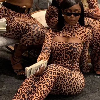 BIIKPIIK Divas Gabals Sexy Kleita Leopards Drukāt Izdilis Clubwear Kleitas ar garām Piedurknēm Rudens Bodycon Sieviešu Streetwear Ikdienas Apģērbu