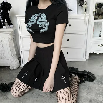 Sieviešu Gotu Kultūru Top Vasaras Sexy T Krekls Japāņu Harajuku Tee Goth Croptop Black Īsām Piedurknēm Drēbes Ķīniešu Pūķis Drukāt