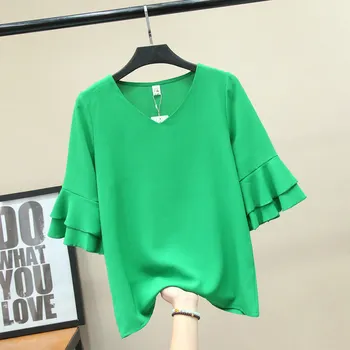 Sieviešu Šifona T-krekls Vasaras 2019 Jaunu Modes Gadījuma V-veida kakla Izlīdzināšanu Īstermiņa piedurknēm Mīksti Džemperi, Topi Lakrosa Sieviešu Balta, Melna