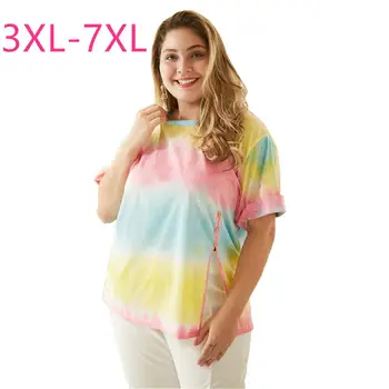 Jaunas vasaras plus lieluma galotnēm sievietēm lielu īsām piedurknēm zaudēt gadījuma drukāt varavīksnes O kakla pogu, spraugas, T-kreklu 3XL 4XL 5XL 6XL 7XL