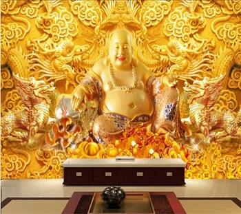 Beibehang Custom tapetes, 3d murals nāk Budas laimīgs dārgumu zeltā reljefs TV fona sienas dzīvojamā istabā tapetes
