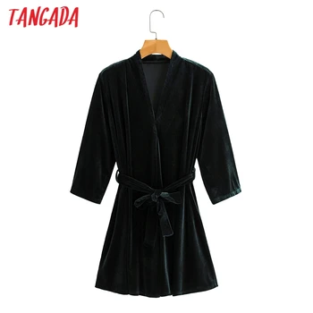 Tangada Modes Sieviešu Cietā Samta Kimono Kleita ar Slīpsvītru ar garām Piedurknēm, Dāmas, Mini Kleitu Vestidos SY50