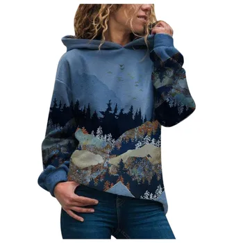 Sieviešu Džemperi Plus Lieluma Kalnu Iespiesti Džemperis Ar Garām Piedurknēm Džemperi, Topi Femme Capuche Sieviešu Džemperi 2021