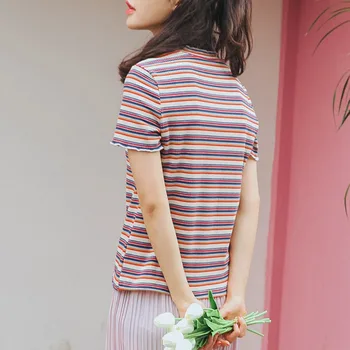 2019 korejiešu Stilā ar Īsām Piedurknēm T Krekli, Sieviešu Jauniem Karstā Pārdošanas Studenta T-krekls Sieviešu Modes Harajuku Svītrainām Sieviešu Slim Sieviete Lady