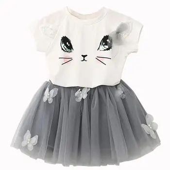 Vasarā Meitenes Kleita 2pcs Set Cute Karikatūra Kaķis Print T-krekls Top ar Marli Svārki Zīdainis, Bērnu Apģērbs, Apģērbu