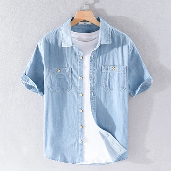 Vasarā jaunu zīmolu kokvilnas džinsa vīriešu krekls modes īsām piedurknēm krekli vīriešiem cēloņu modes krekli vīriešu ērti camiseta