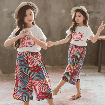 Jaunas Ielidošanas Meitenes Modes Kopa ar Īsām Piedurknēm T-Krekls, Bikses 2 Gabals Vēstuli Šifona Topi Bikses Bērnu apģērbi Komplekts Bērniem Drēbes