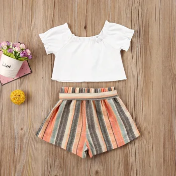 1-6Y Summer Infant Baby Meiteņu Apģērbu Komplekti, Ruffles Īsām Piedurknēm T Krekli, Topi+Svītrainas Bikses 2gab