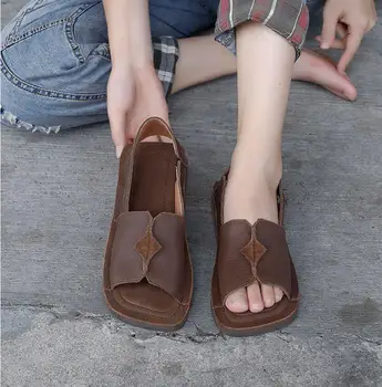 Careaymade-Oriģinālu roku darbs Kvadrātveida Galvu retro sandales sieviešu ādas ikdienas dzīvoklis vienīgais vienkāršu, ērtu sieviešu ādas kurpes