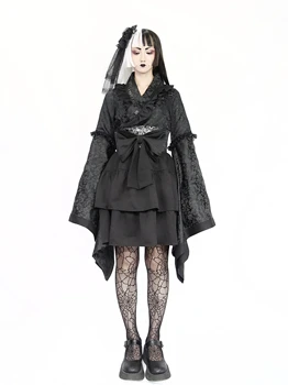 Oriģināls Dizains, Gotikas Stilā Tumši Melna Vibrācijas Kimono Piedurknēm Kleita Pūķis Mežģīnes Tauriņu Mini Kleita Kūka