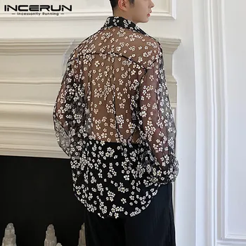 Modes Vīriešu Acu Caurspīdīgs Krekls ar garām Piedurknēm Drukāts Atloks Zaudēt Streetwear Blūze Puse Clubwear Gadījuma Casmia S-5XL INCERUN