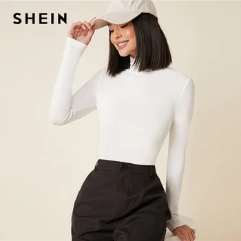 SHEIN Balta, Augsta Kakla Cieto Aprīkots Tee Slim Pamati T-Krekls Sievietēm Rudenī garām Piedurknēm Mīksts, Elastīgs Izdilis Topi