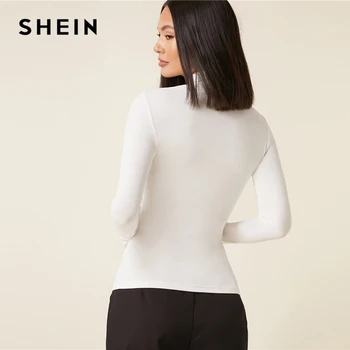 SHEIN Balta, Augsta Kakla Cieto Aprīkots Tee Slim Pamati T-Krekls Sievietēm Rudenī garām Piedurknēm Mīksts, Elastīgs Izdilis Topi