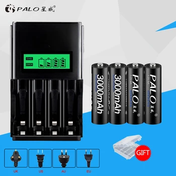 PALO 4gab AA 3000mAh uzlādējamās baterijas + Smart Lādētāju Ātri LCD Akumulatora Lādētājs AA AAA NICD, NIMH Akumulatora Reachargeable