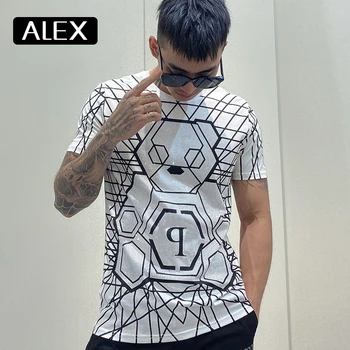 Alex Plein t krekls cilvēks lācīti rhinestones baltu kokvilnas tshirt vīriešu apģērbu apaļu kakla īsām piedurknēm streetwear cēloņu jaunas