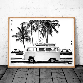 Kanvas Glezna Retro Van VW Camper Un Melnā Palmu Koku Audekls Plakātu Drukāt uz dzīvojamo istabu, mājas apdare, bez rāmja
