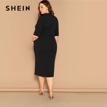 SHEIN Elegants Melns Plus Izmērs Mock-kakls Ciets Zīmulis Slim Kleita Sievietēm Pavasara Biroja Dāma Bodycon Pamati Plus Lieluma Ilgi Kleitas
