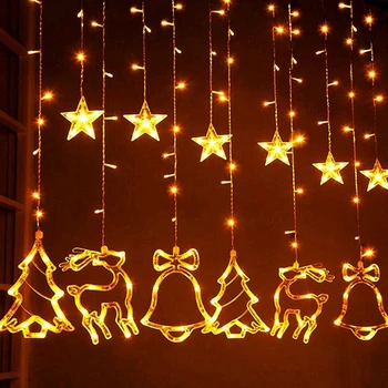 Ziemassvētku Rotājumi Elk Bell Sniegpārslas Zvaigžņu Mēness LED String Light Mājas Karājas Aizkaru Vainags Ziemassvētku Eglīte Dekori Navidad