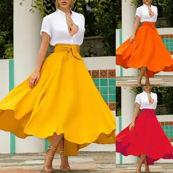 Sieviešu vienkrāsainu Augsta Vidukļa Līnija Svārki Modes Slaids Viduklis Bow Josta Kroku Sen Maxi Svārki Sarkans Oranžs Dzeltens