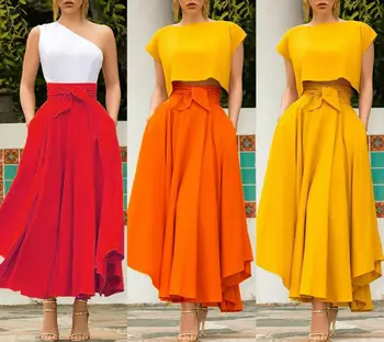 Sieviešu vienkrāsainu Augsta Vidukļa Līnija Svārki Modes Slaids Viduklis Bow Josta Kroku Sen Maxi Svārki Sarkans Oranžs Dzeltens
