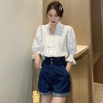 Modes Sievietes White Vintage Puff Piedurknēm Blūze Mežģīņu Krekls Korejas Mežģīnes Raibs Vintage Top Eleganta Blūze Blusa Feminina