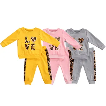 0-ź5 y Rudens Ziemas Toddler Meitenes Modes Apģērbu Komplekti Leopard Mīlestība Drukāt Pērle garām Piedurknēm Krekls Topi, Bikses, Sporta Tracksuit